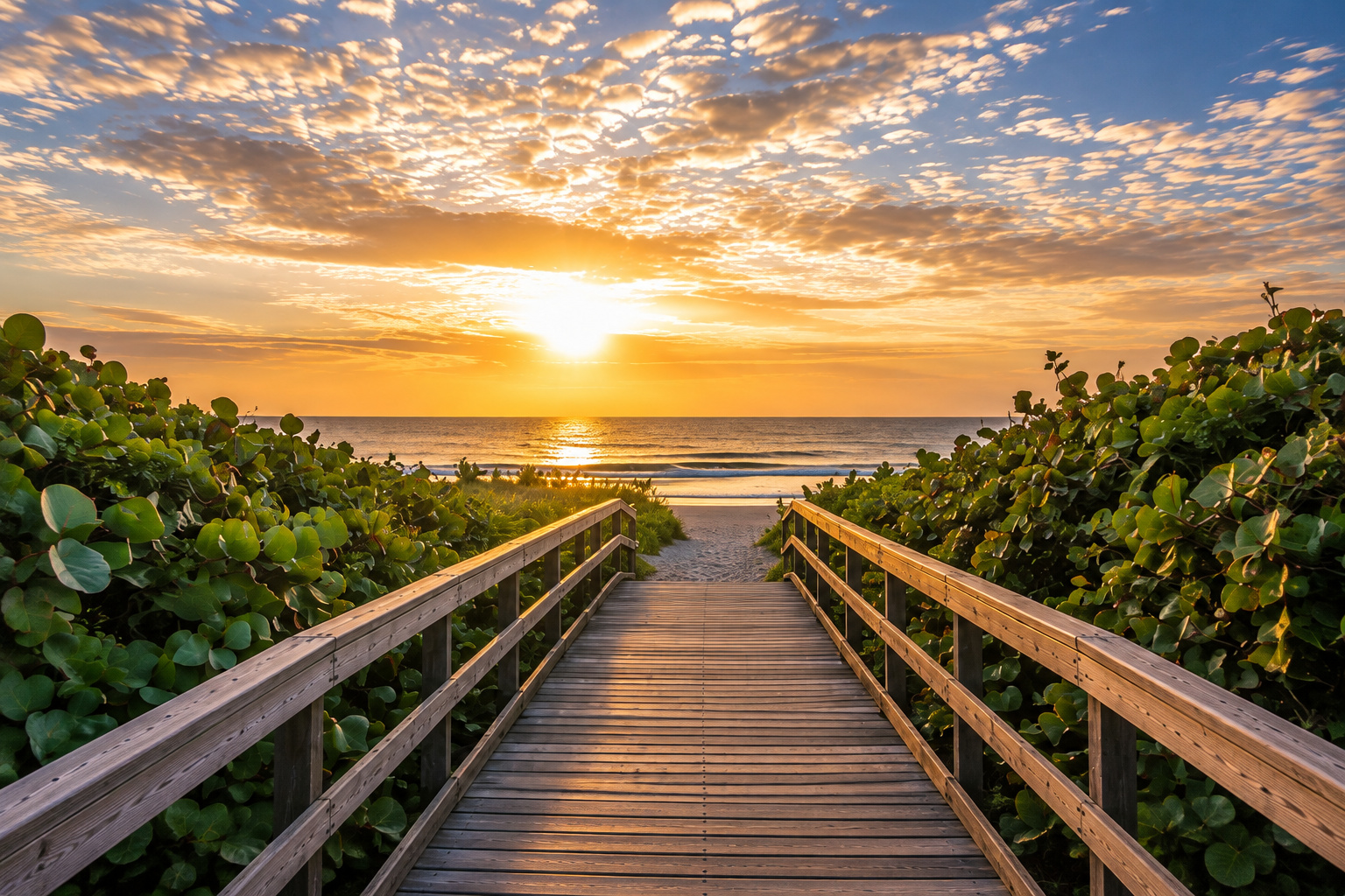 Sunrise over the ocean at the end of a peaceful beach boardwalk
